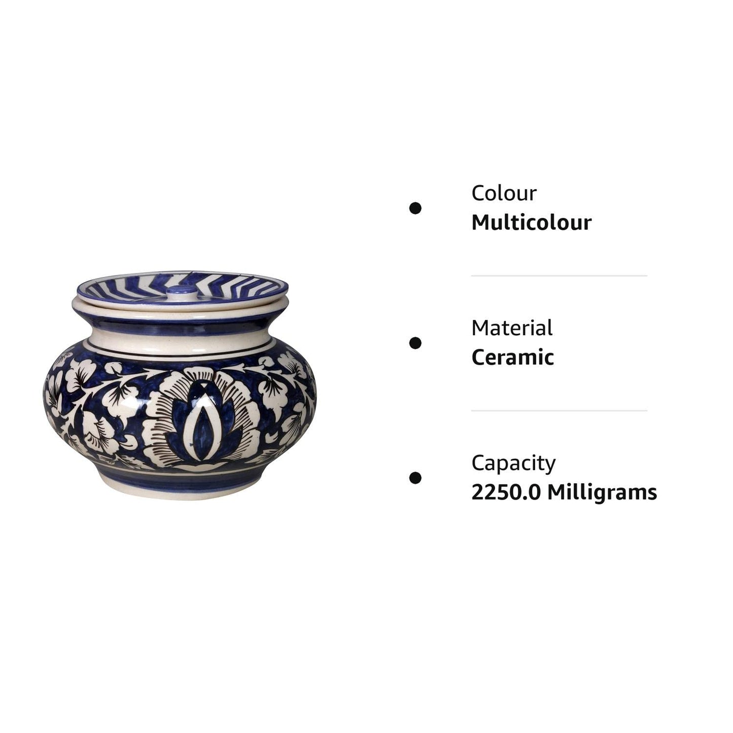 RAJ ROYAL Hand Painted Ceramic Cornichon Storage Jar for Pickle Dry Items Pottery Dry Food Storage Container Donga with Lid For Kitchen Home Hotel Restaurant Handi (15x15x14.5 cm_2250 ML)