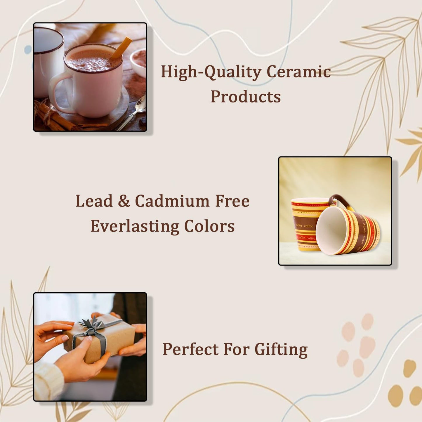 RAJ ROYAL Coffee Lining Printed Design Cups for Green Tea Coffee Milk Mug Kulhad Tea Cups for Girlfriend Boyfriend Best Friend Small Kids Couples Gift Item 300 ml (Brown)