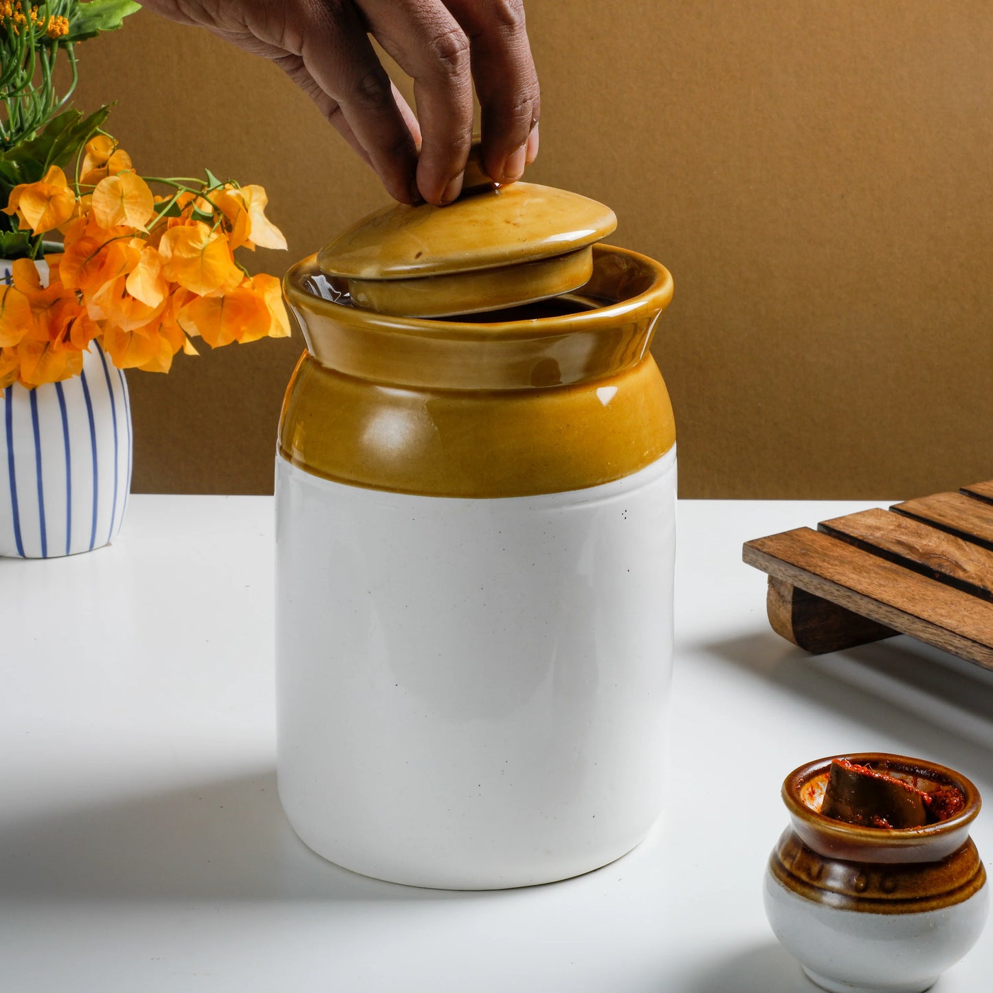 RAJ ROYAL Ceramic Pottery Hand Painted Cornichon Crockery Pulses Dry Fruit Tea Pickle Coffee Multipurpose Food Storage Jar Container with Lid For Kitchen Home