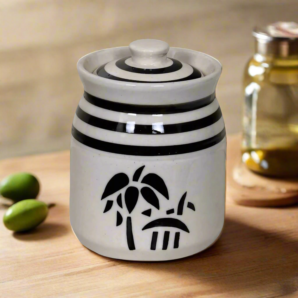 RAJ ROYAL Ceramic Serving Pot Modeling Clay Grey Pottery Handmade Painted Cornichon Crockery Pulses Rice Dry Fruit Pickle Storage Jar For Dining Table Kitchen Set Storage Canister (White, 750 Grams)