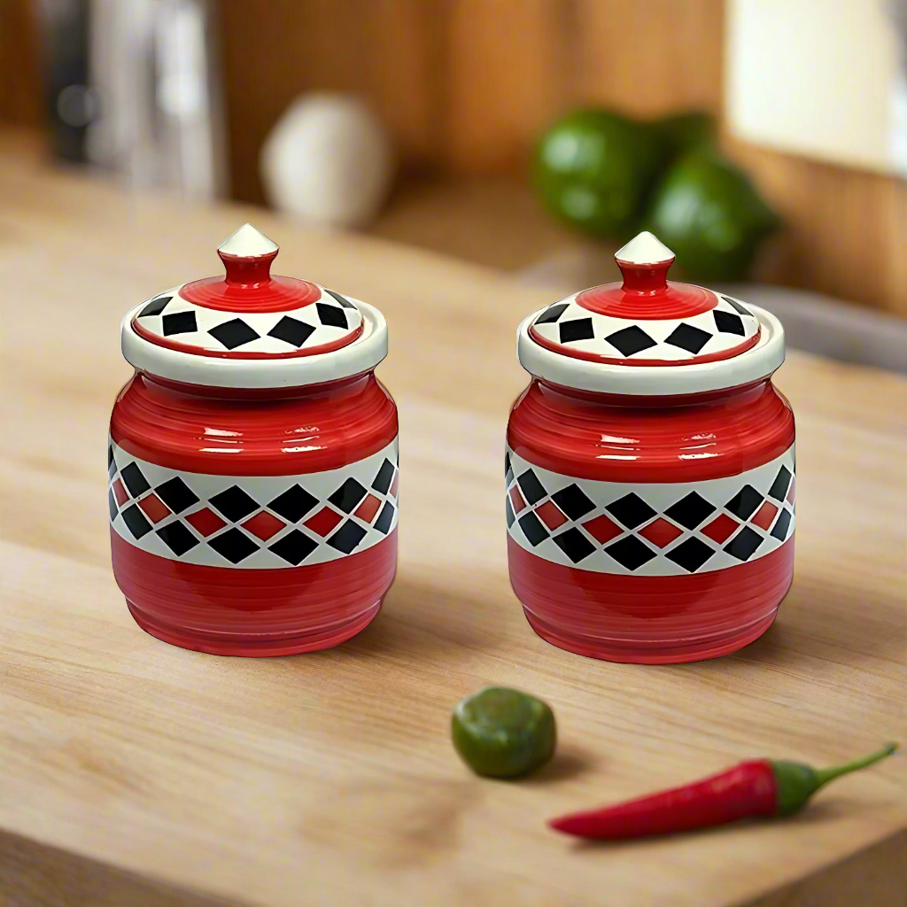 RAJ ROYAL Blue Pottery Hand Painted Cornichon Storage Jar Container with Lid Ceramic Food Storage Multipurpose Storage Container for Home (Set of 2, 750Grm, Blue)