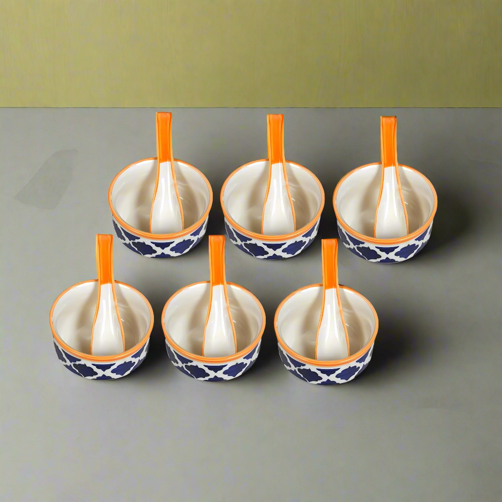RAJ ROYAL Handmade Ceramic Hand Painted Blue Pottery Jumbo Soup Bowl and Spoons for Oats Noodles ceraluck Set of 6-350 ml Each