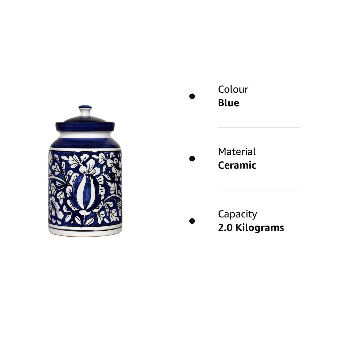 RAJ ROYAL Blue Pottery Hand Painted Mughal Ceramic Storage Pickle Jar for Home, 2 KG