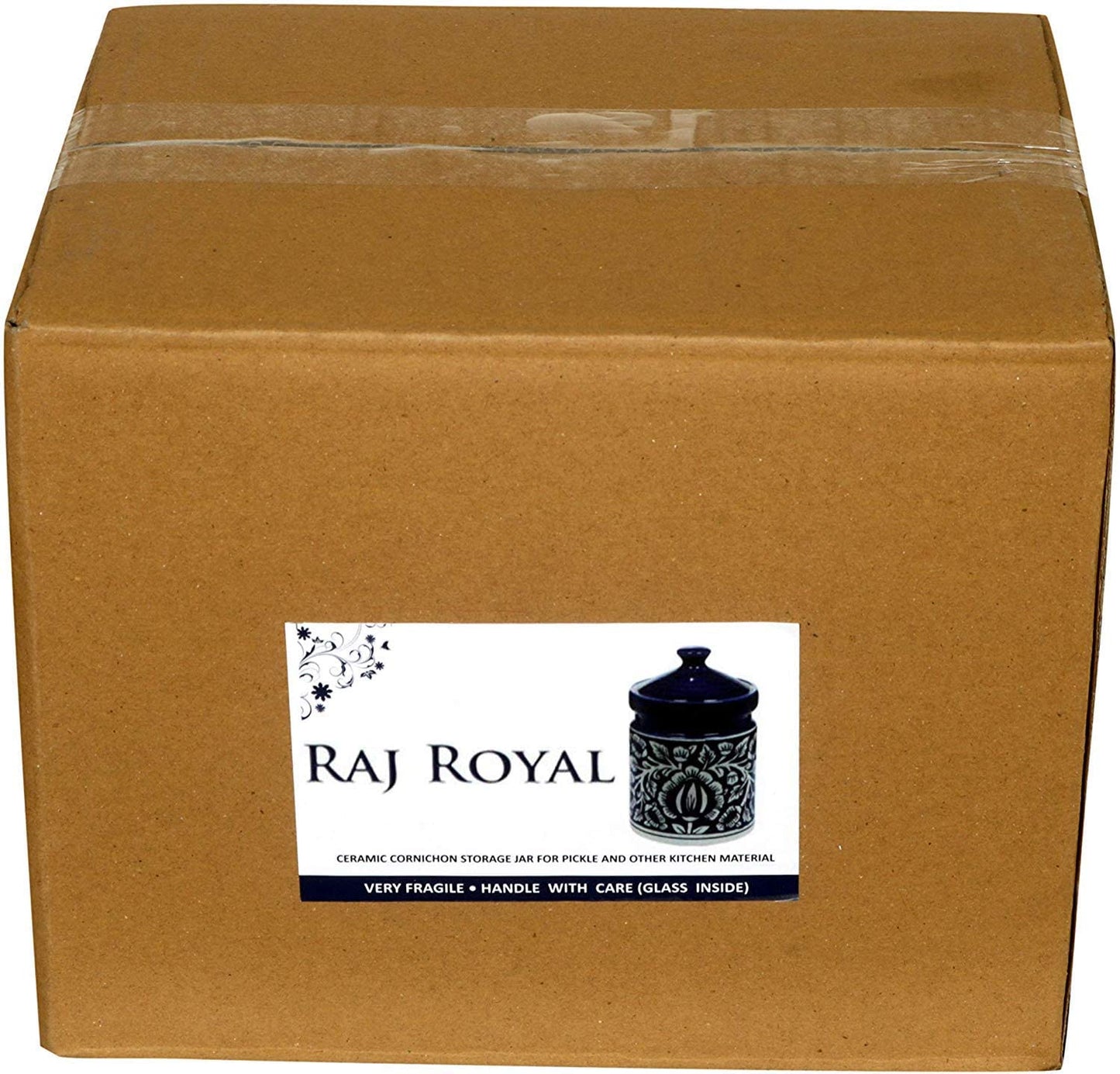 RAJ ROYAL Blue Pottery Hand Painted Mughal Ceramic Storage Pickle Jar for Home, 2 KG
