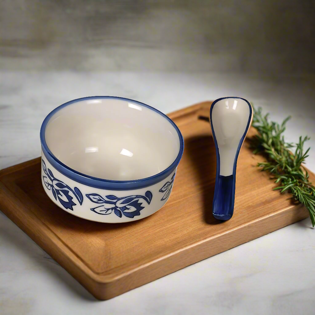 RAJ ROYAL Handmade Ceramic Hand Painted Blue Pottery Jumbo Soup Bowl and Spoons for Oats Noodles ceraluck Set of 6-350 ml Each