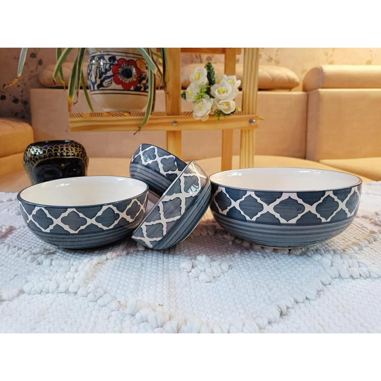 Raj Royal Ceramic Dinning Serving /Snack/ Mixing /Vegetable / Cereal / Soup / Salad / Tableware / Pudding Multipurpose / Desert / Food Storage Container / Hand Painted Green Line Bowl Set of 4 /Microwave Safe/(1300 ML, 700 ML, 500 ML, 300 ML)