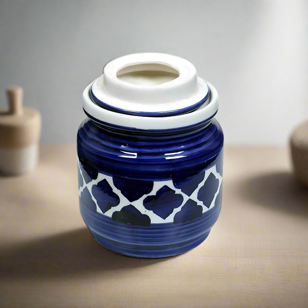 RAJ ROYAL Blue Pottery Hand Painted Cornichon Storage Jar Container with Lid Ceramic Food Storage Multipurpose Storage Container for Home (Set of 2, 750Grm, Blue)