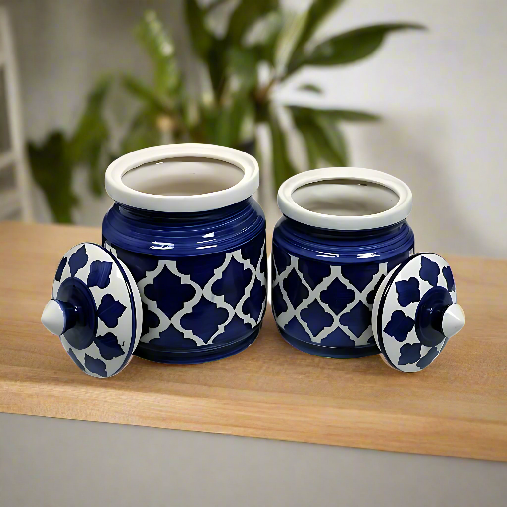 RAJ ROYAL Hand Painted Ceramic Cornichon Storage Jar for Pickle, Dry items White Pottery Dry Food Storage Container Donga with Lid For Kitchen, Home - Multipurpose Storage Canister Set of 2