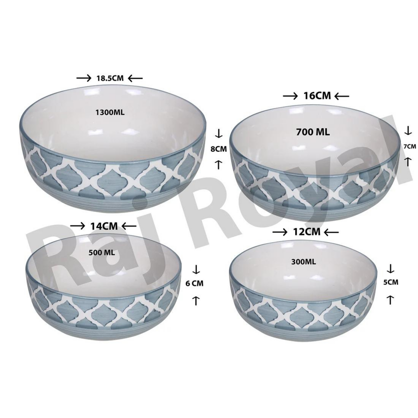 Raj Royal Ceramic Dinning Serving /Snack/ Mixing /Vegetable / Cereal / Soup / Salad / Tableware / Pudding Multipurpose / Desert / Food Storage Container / Hand Painted Green Line Bowl Set of 4 /Microwave Safe/(1300 ML, 700 ML, 500 ML, 300 ML)