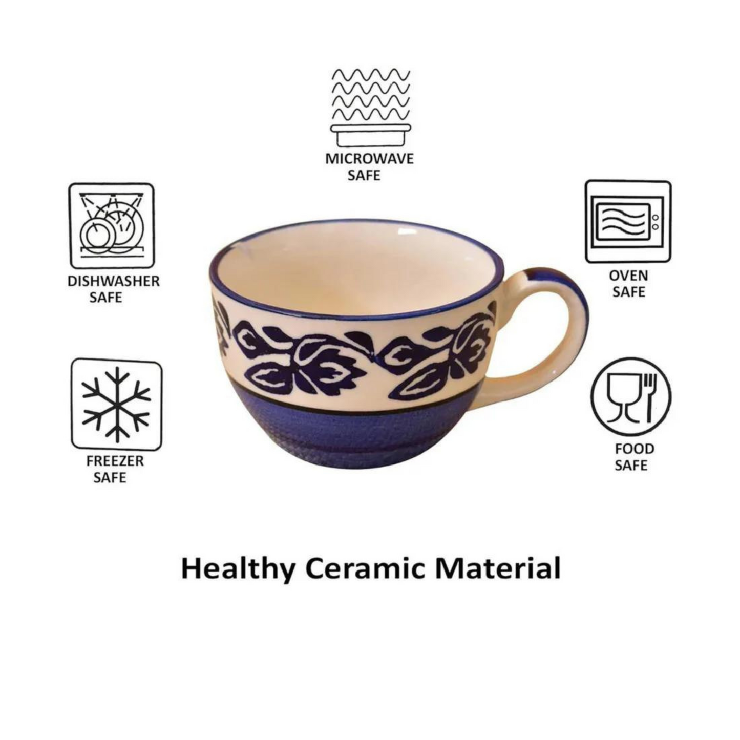 RAJ ROYAL Large Ceramic Coffee Cup & Soup Bowl Set of 2, 350ml | Cappuccino Cup | Glossy Finish | Large Ceramic Coffee Cup & Soup Mugs| Premium Stoneware Coffee Cup & Soup Mugs | (Blue)