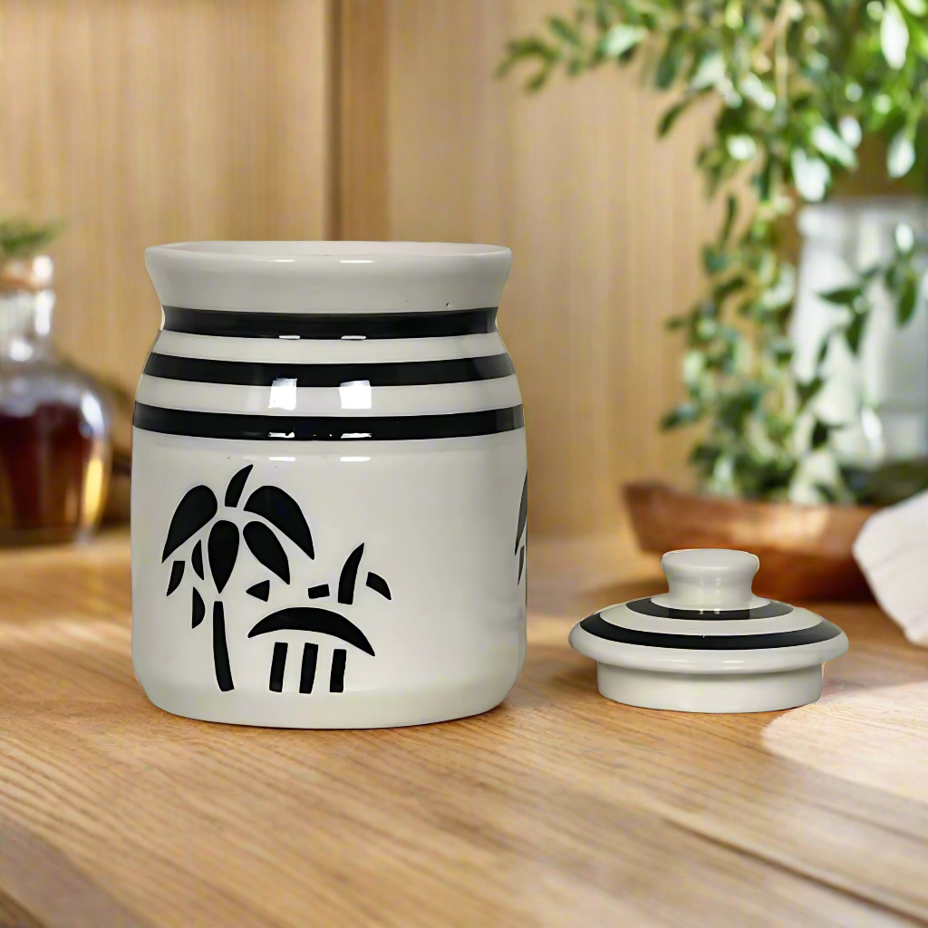 RAJ ROYAL Ceramic Serving Pot Modeling Clay Grey Pottery Handmade Painted Cornichon Crockery Pulses Rice Dry Fruit Pickle Storage Jar For Dining Table Kitchen Set Storage Canister (White, 750 Grams)