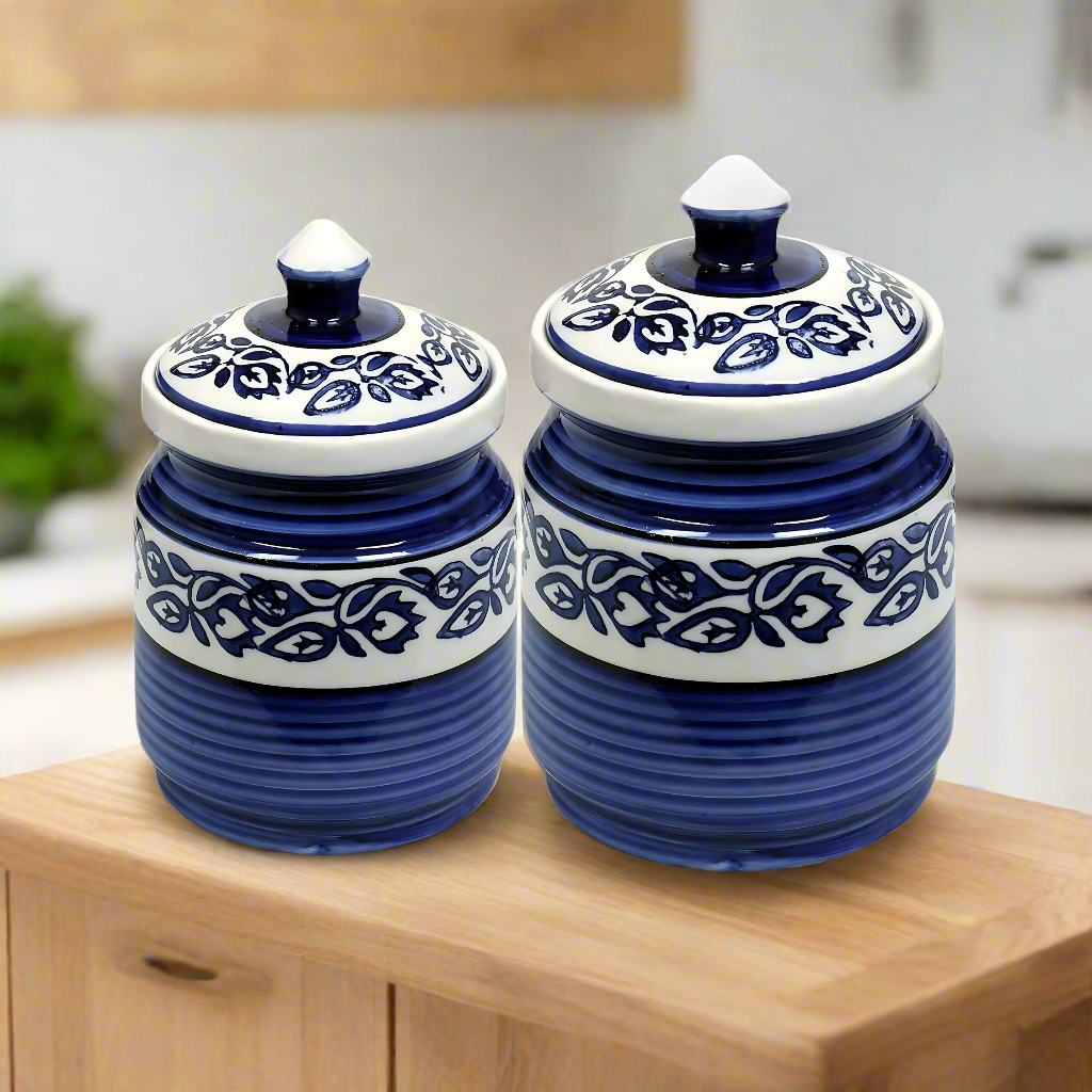 RAJ ROYAL Hand Painted Ceramic Cornichon Storage Jar for Pickle, Dry items White Pottery Dry Food Storage Container Donga with Lid For Kitchen, Home - Multipurpose Storage Canister Set of 2