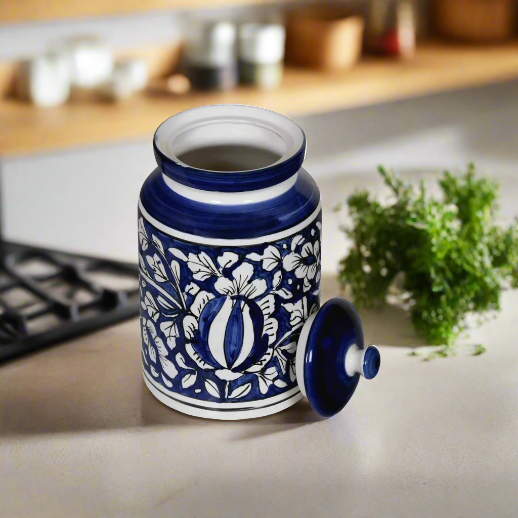 RAJ ROYAL Blue Pottery Hand Painted Mughal Ceramic Storage Pickle Jar for Home, 2 KG