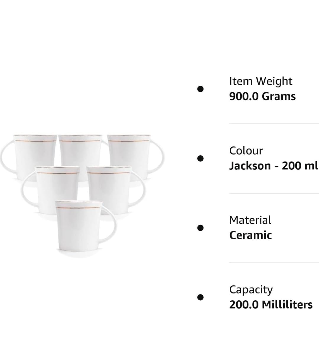 RAJ ROYAL Bone China Tea Coffee Cup Set Plain with Gold Line (Set of 6, 125 ML Each)