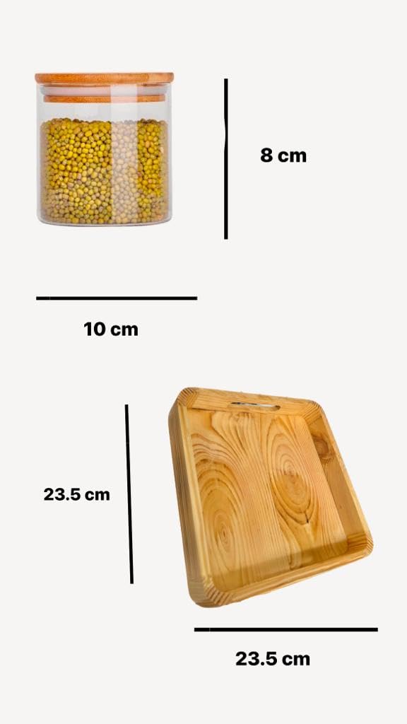 RAJ ROYAL Borosilicate Airtight Food Storage Jar Set of 4 with Wooden Lid And with Pinewood Tray Capacity 500 ML