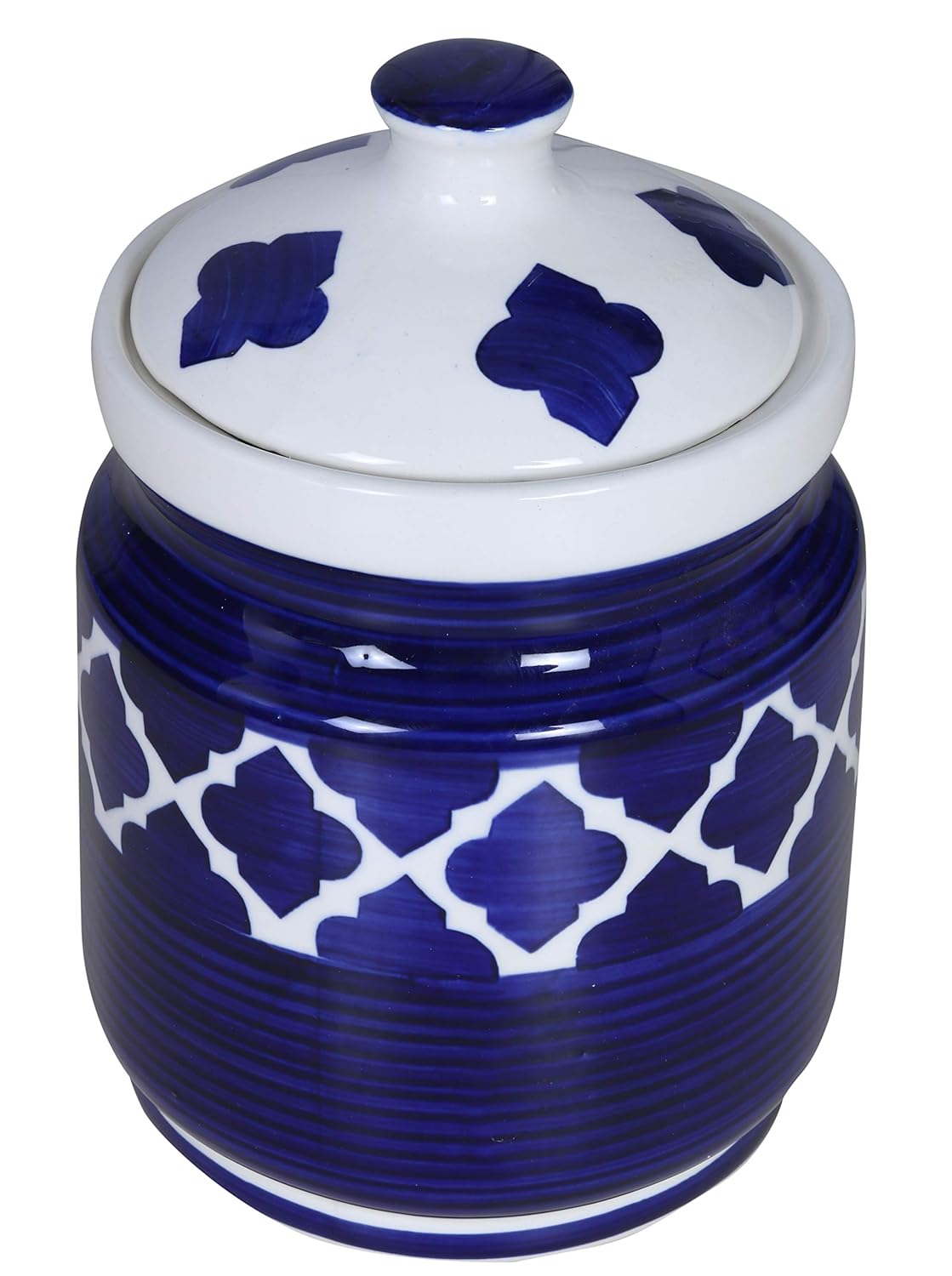 RAJ ROYAL Hand Painted Ceramic Cornichon Storage Jar for Pickle Dry items White Pottery Dry Food Storage Container Donga with Lid For Kitchen, Home - Multipurpose Storage Canister (Blue)