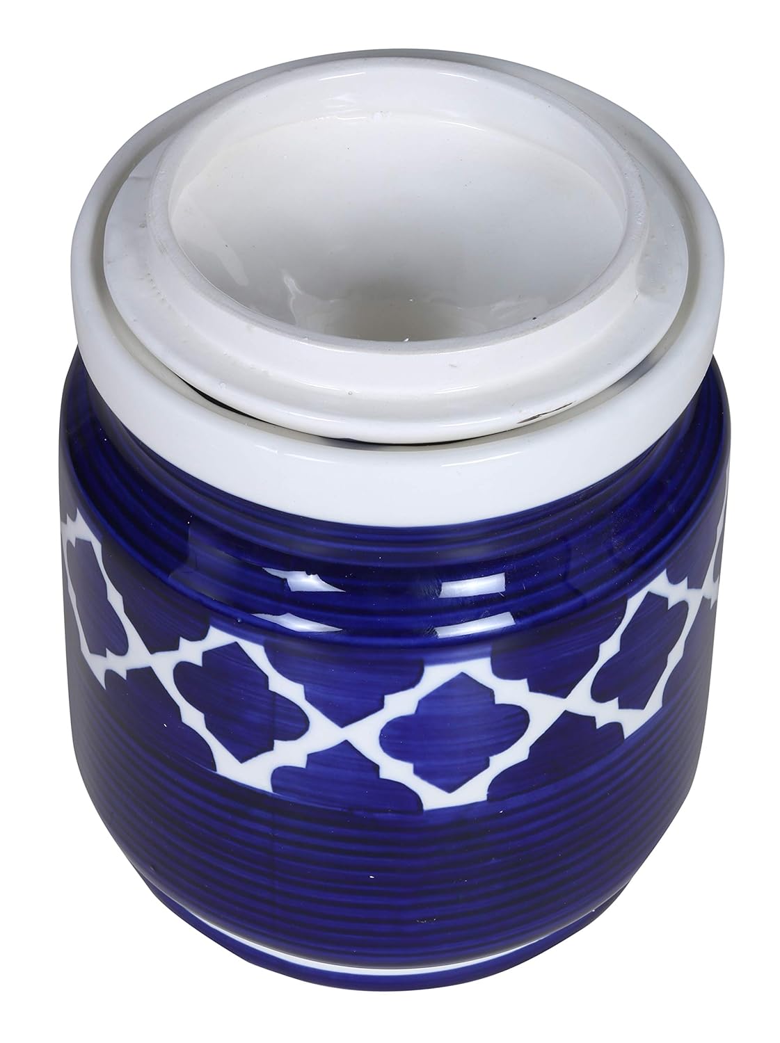 RAJ ROYAL Hand Painted Ceramic Cornichon Storage Jar for Pickle Dry items White Pottery Dry Food Storage Container Donga with Lid For Kitchen, Home - Multipurpose Storage Canister (Blue)