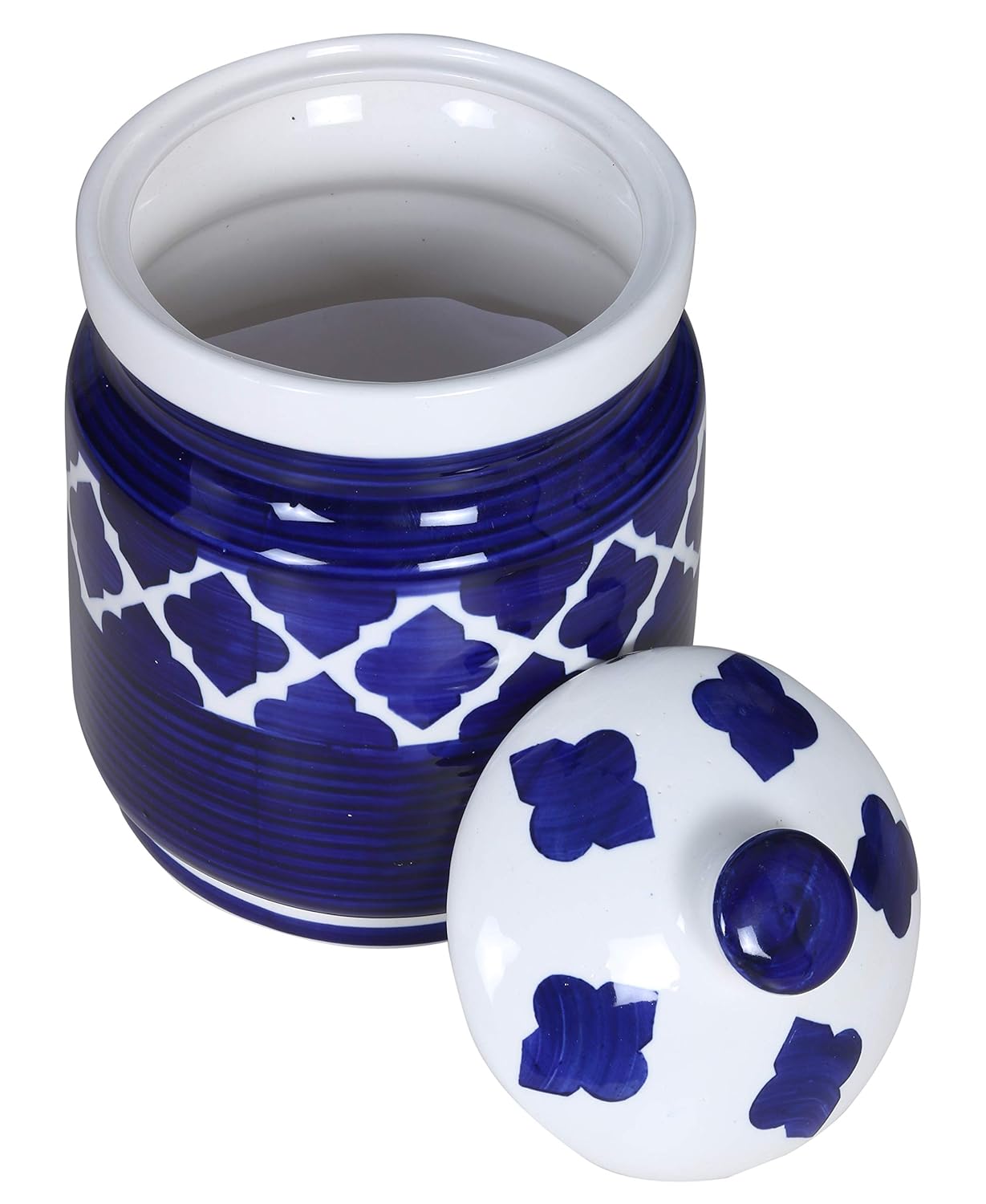 RAJ ROYAL Hand Painted Ceramic Cornichon Storage Jar for Pickle Dry items White Pottery Dry Food Storage Container Donga with Lid For Kitchen, Home - Multipurpose Storage Canister (Blue)