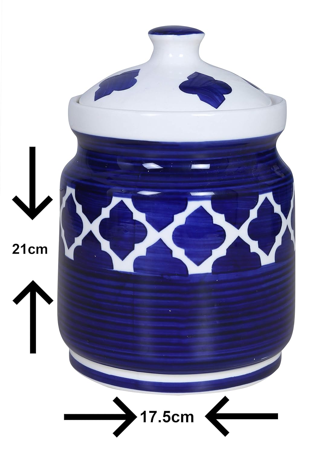 RAJ ROYAL Hand Painted Ceramic Cornichon Storage Jar for Pickle Dry items White Pottery Dry Food Storage Container Donga with Lid For Kitchen, Home - Multipurpose Storage Canister (Blue)