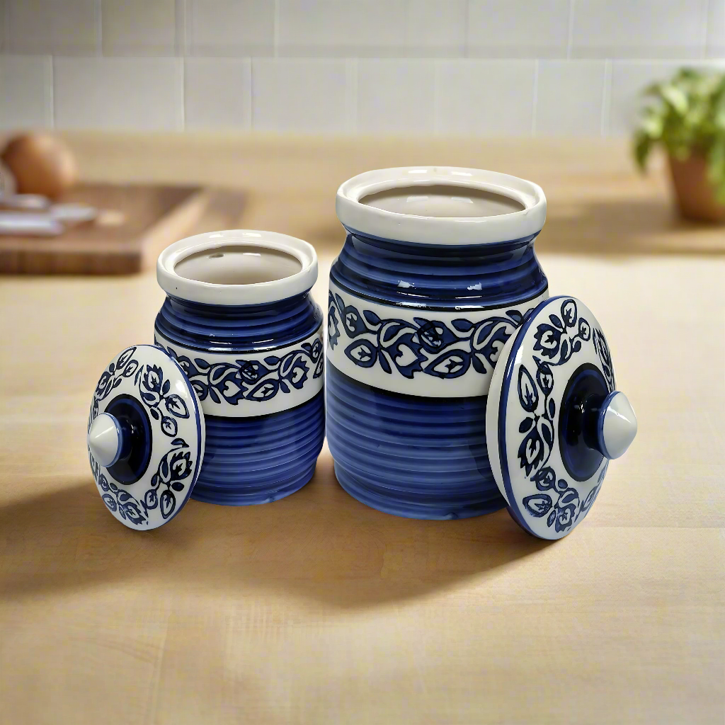 RAJ ROYAL Hand Painted Ceramic Cornichon Storage Jar for Pickle, Dry items White Pottery Dry Food Storage Container Donga with Lid For Kitchen, Home - Multipurpose Storage Canister Set of 2