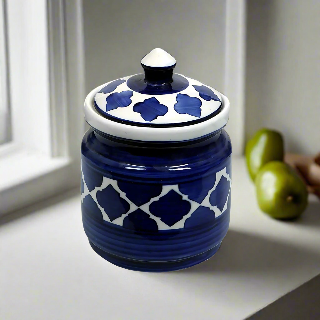 RAJ ROYAL Blue Pottery Hand Painted Cornichon Storage Jar Container with Lid Ceramic Food Storage Multipurpose Storage Container for Home (Set of 2, 750Grm, Blue)