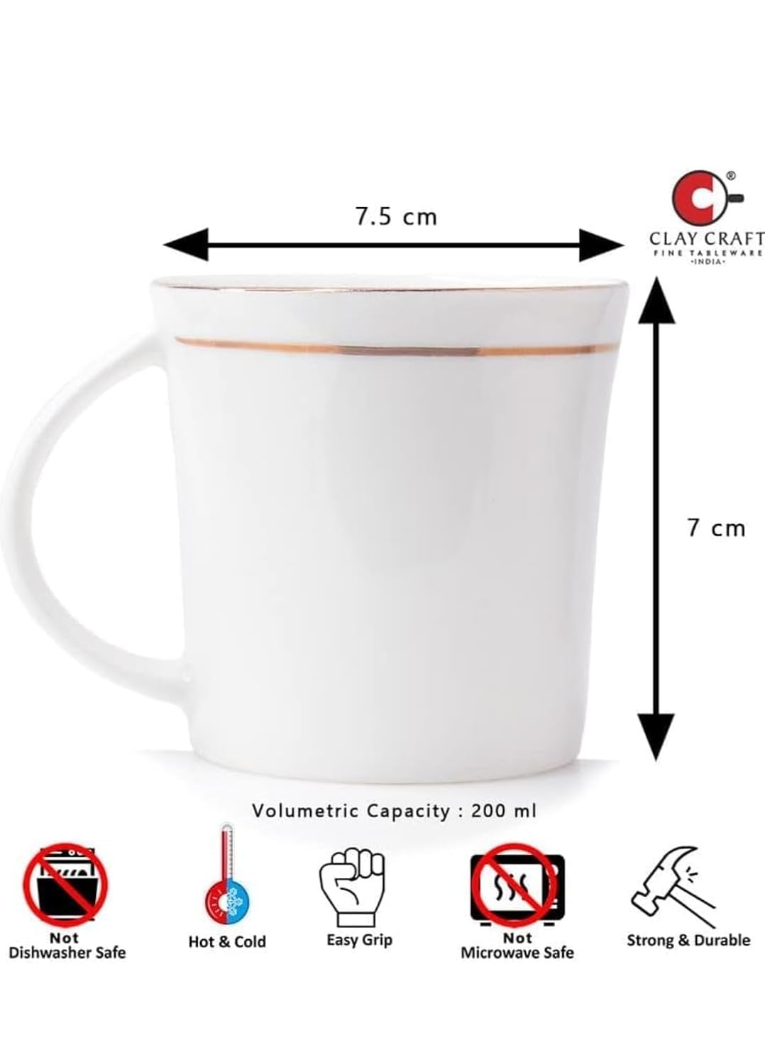 RAJ ROYAL Bone China Tea Coffee Cup Set Plain with Gold Line (Set of 6, 125 ML Each)