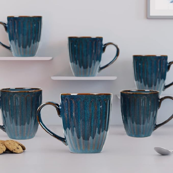 Raj Rayol Handcrafted Microwave Safe Pure Ceramic Coffee Mug/Tea Cup Set with Handle Set of 6 (Blue & Yellow)