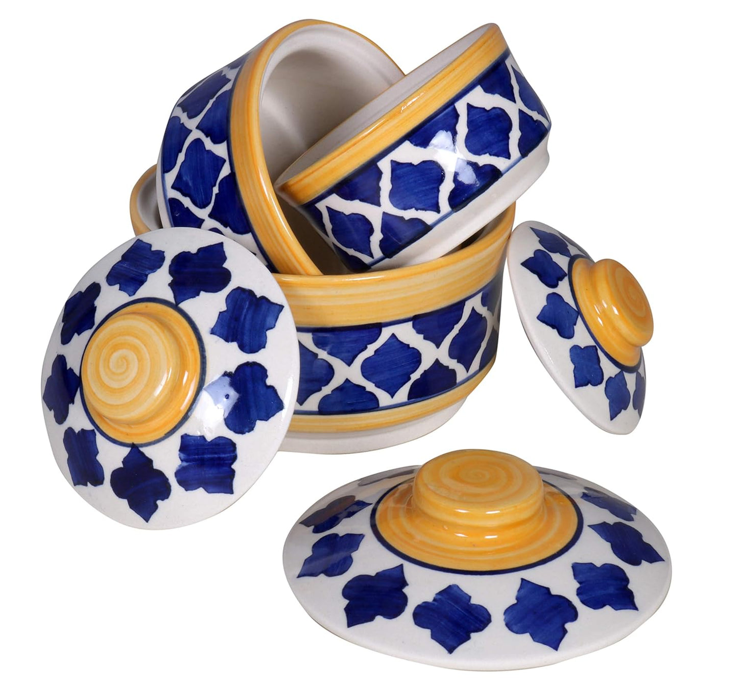 RAJ ROYAL Hand Painted Ceramic Cornichon Storage Jar for Pickle Dry items White Pottery Dry Food Storage Container Donga with Lid For Kitchen, Home - Multipurpose Storage Canister (Blue)