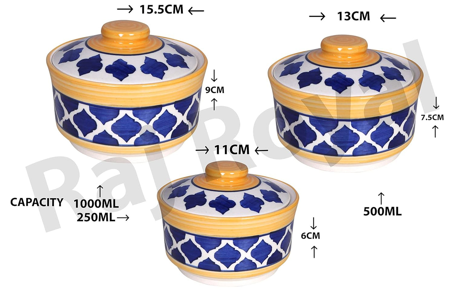 RAJ ROYAL Hand Painted Ceramic Cornichon Storage Jar for Pickle Dry items White Pottery Dry Food Storage Container Donga with Lid For Kitchen, Home - Multipurpose Storage Canister (Blue)