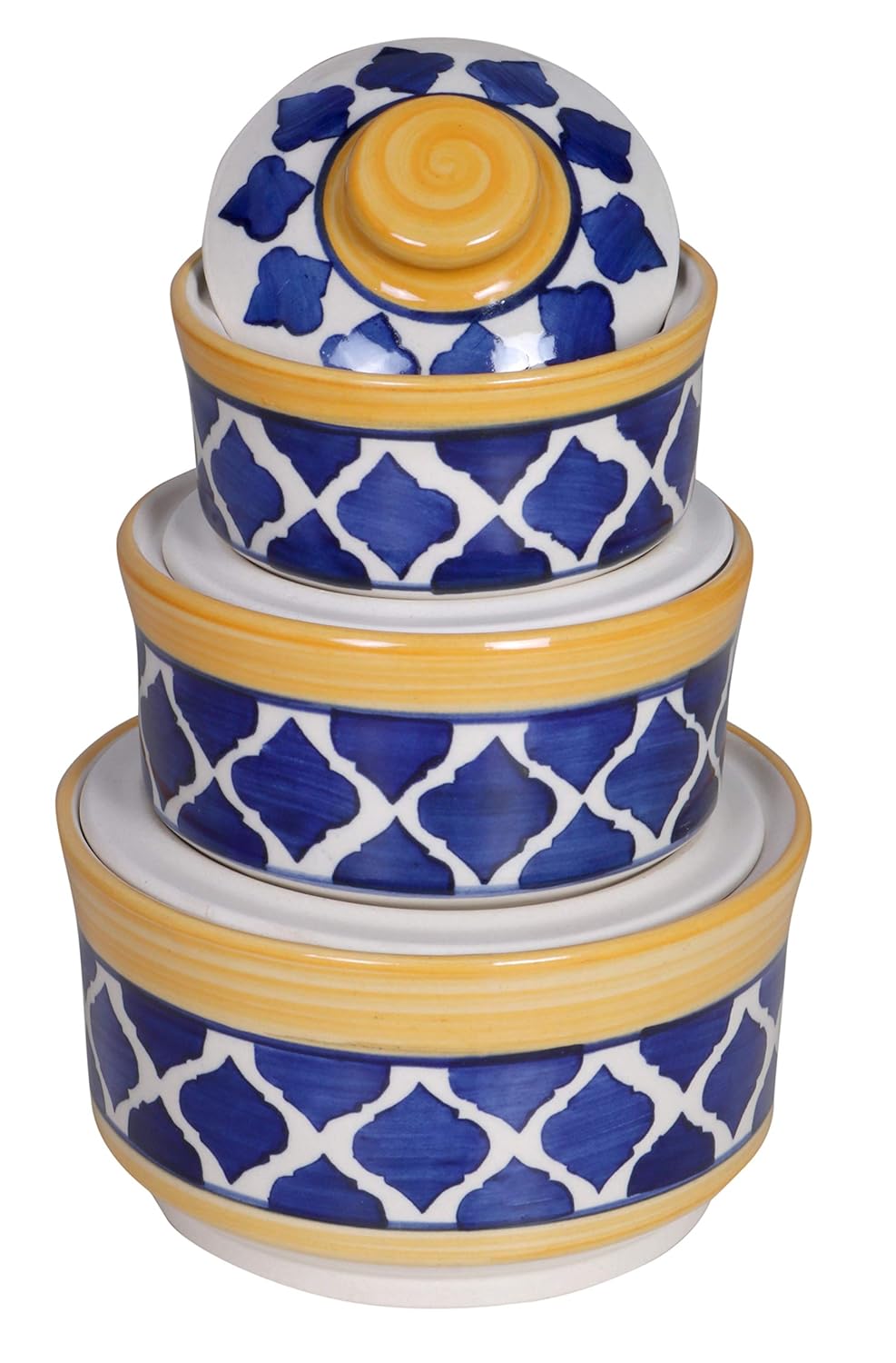 RAJ ROYAL Hand Painted Ceramic Cornichon Storage Jar for Pickle Dry items White Pottery Dry Food Storage Container Donga with Lid For Kitchen, Home - Multipurpose Storage Canister (Blue)