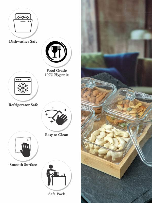 RAJ ROYAL Borosilicate Airtight Food Storage Jar Set of 4 with Pinewood Tray Capacity 300 ML