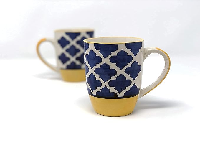Raj Rayol Handcrafted Microwave Safe Pure Ceramic Coffee Mug/Tea Cup Set with Handle Set of 6 (Blue & Yellow)