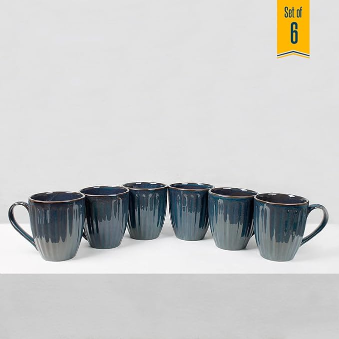 Raj Rayol Handcrafted Microwave Safe Pure Ceramic Coffee Mug/Tea Cup Set with Handle Set of 6 (Blue & Yellow)