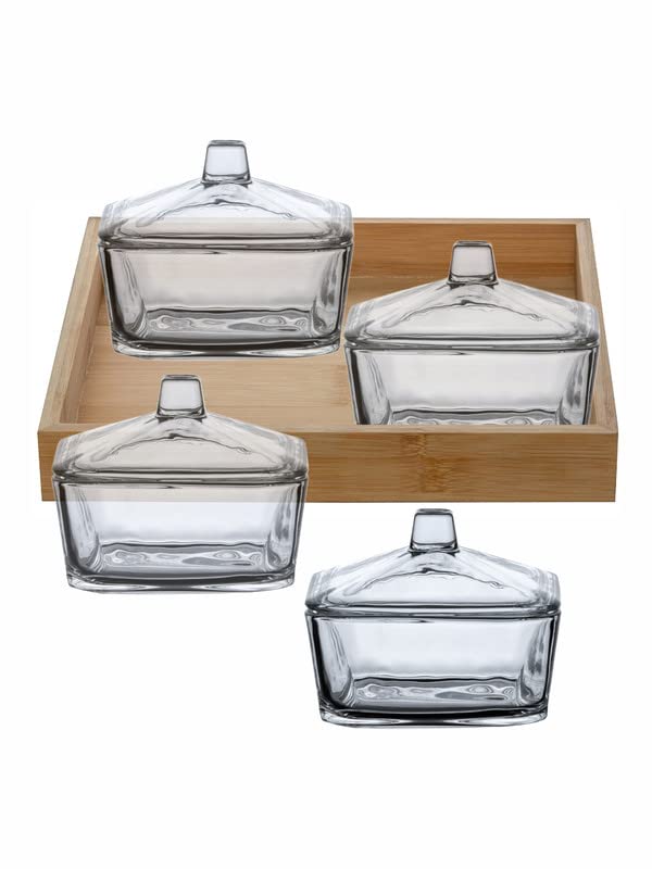 RAJ ROYAL Borosilicate Airtight Food Storage Jar Set of 4 with Pinewood Tray Capacity 300 ML