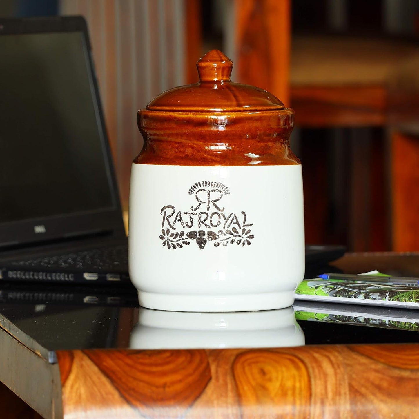 RAJ ROYAL Hand Painted Ceramic Cornichon Storage Jar for Pickle White Pottery Food Storage Jar with Lid For Kitchen, Home, Hotel, Restaurant, Achar Barni Set (White, 3 KG)