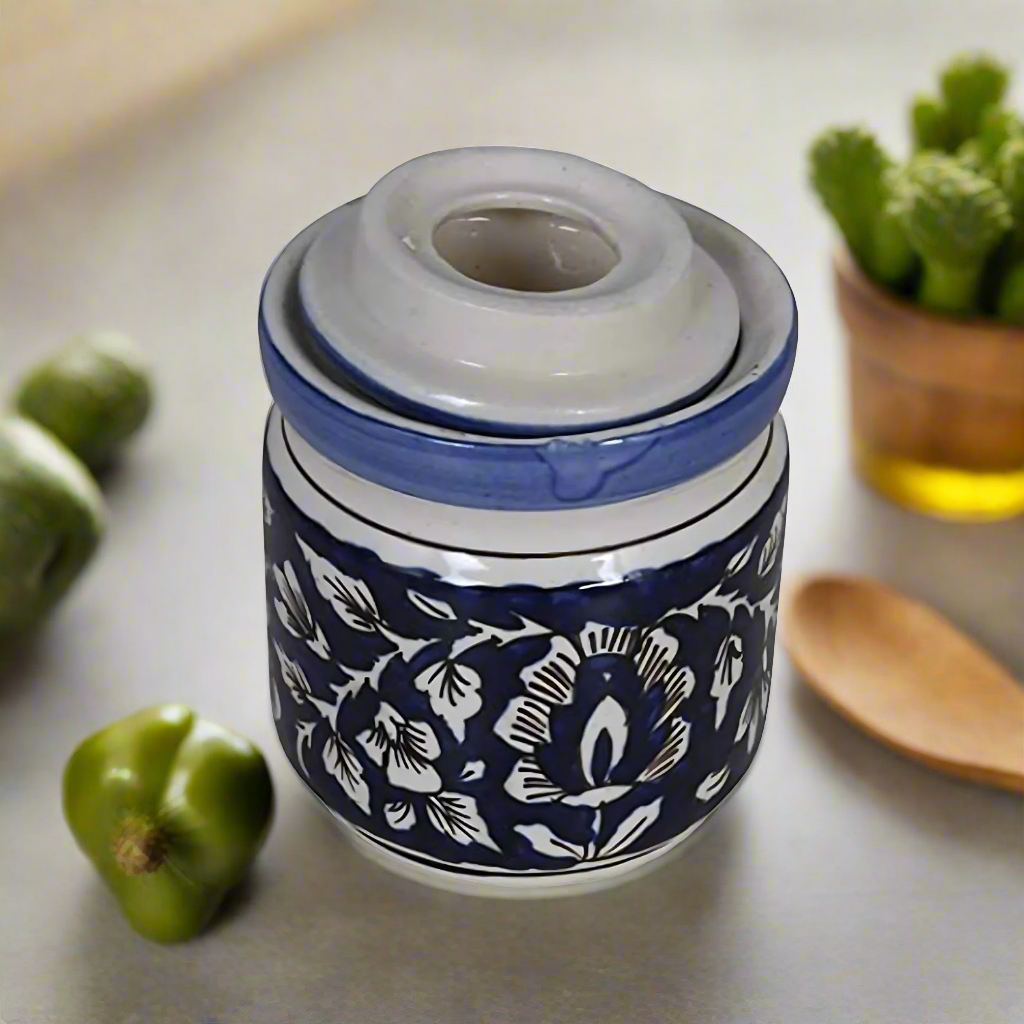 RAJ ROYAL Blue Pottery Hand Painted Cornichon Storage Jar Container with Lid Ceramic Food Storage Multipurpose Storage Container for Home (Set of 2, 750Grm, Blue)