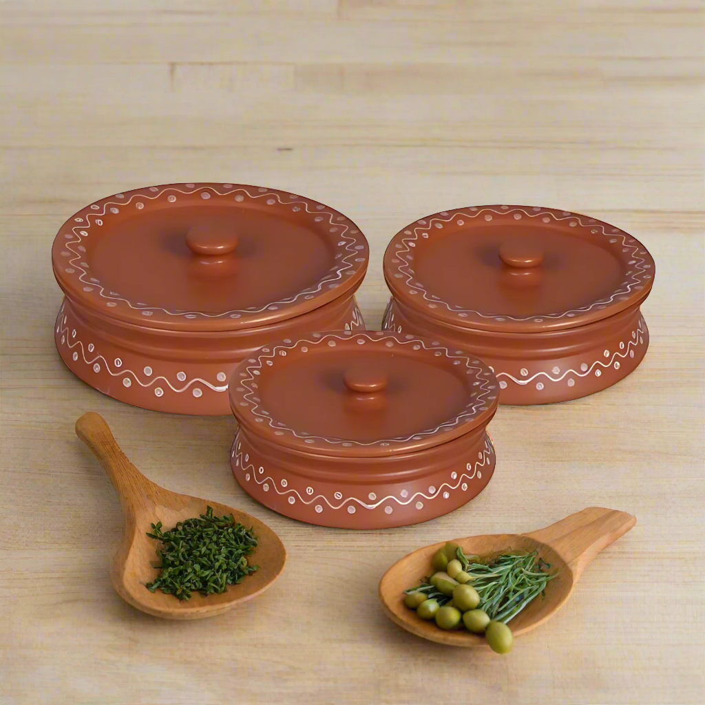 RAJ ROYAL Hand Painted Ceramic Cornichon Storage Jar for Pickle, Dry items White Pottery Dry Food Storage Container Donga with Lid For Kitchen, Home, Hotel, Restaurant, Handi Set of 3 (Tan)