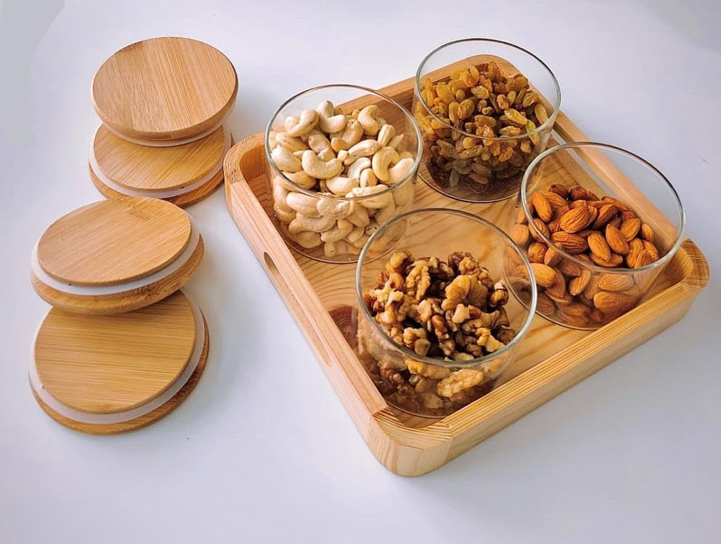 RAJ ROYAL Borosilicate Airtight Food Storage Jar Set of 4 with Wooden Lid And with Pinewood Tray Capacity 500 ML