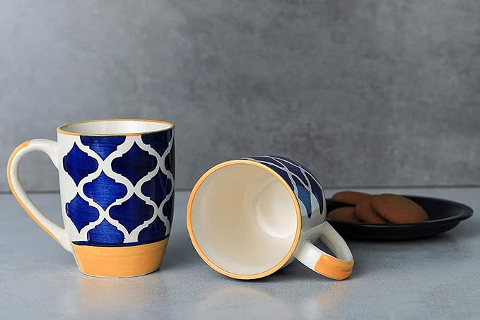 Raj Rayol Handcrafted Microwave Safe Pure Ceramic Coffee Mug/Tea Cup Set with Handle Set of 6 (Blue & Yellow)