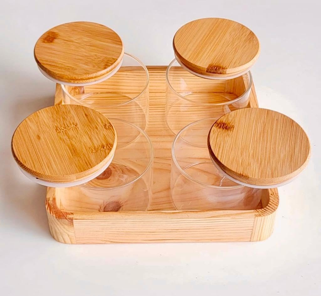 RAJ ROYAL Borosilicate Airtight Food Storage Jar Set of 4 with Wooden Lid And with Pinewood Tray Capacity 500 ML