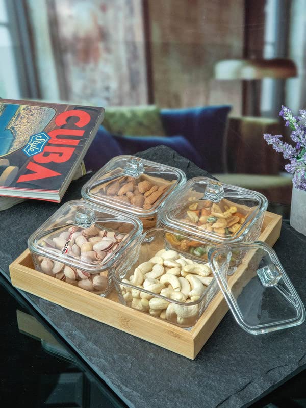 RAJ ROYAL Borosilicate Airtight Food Storage Jar Set of 4 with Pinewood Tray Capacity 300 ML