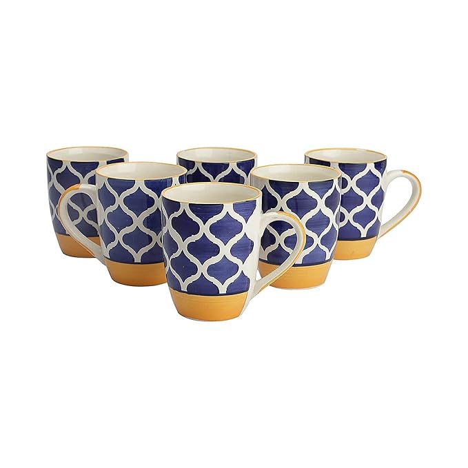 Raj Rayol Handcrafted Microwave Safe Pure Ceramic Coffee Mug/Tea Cup Set with Handle Set of 6 (Blue & Yellow)