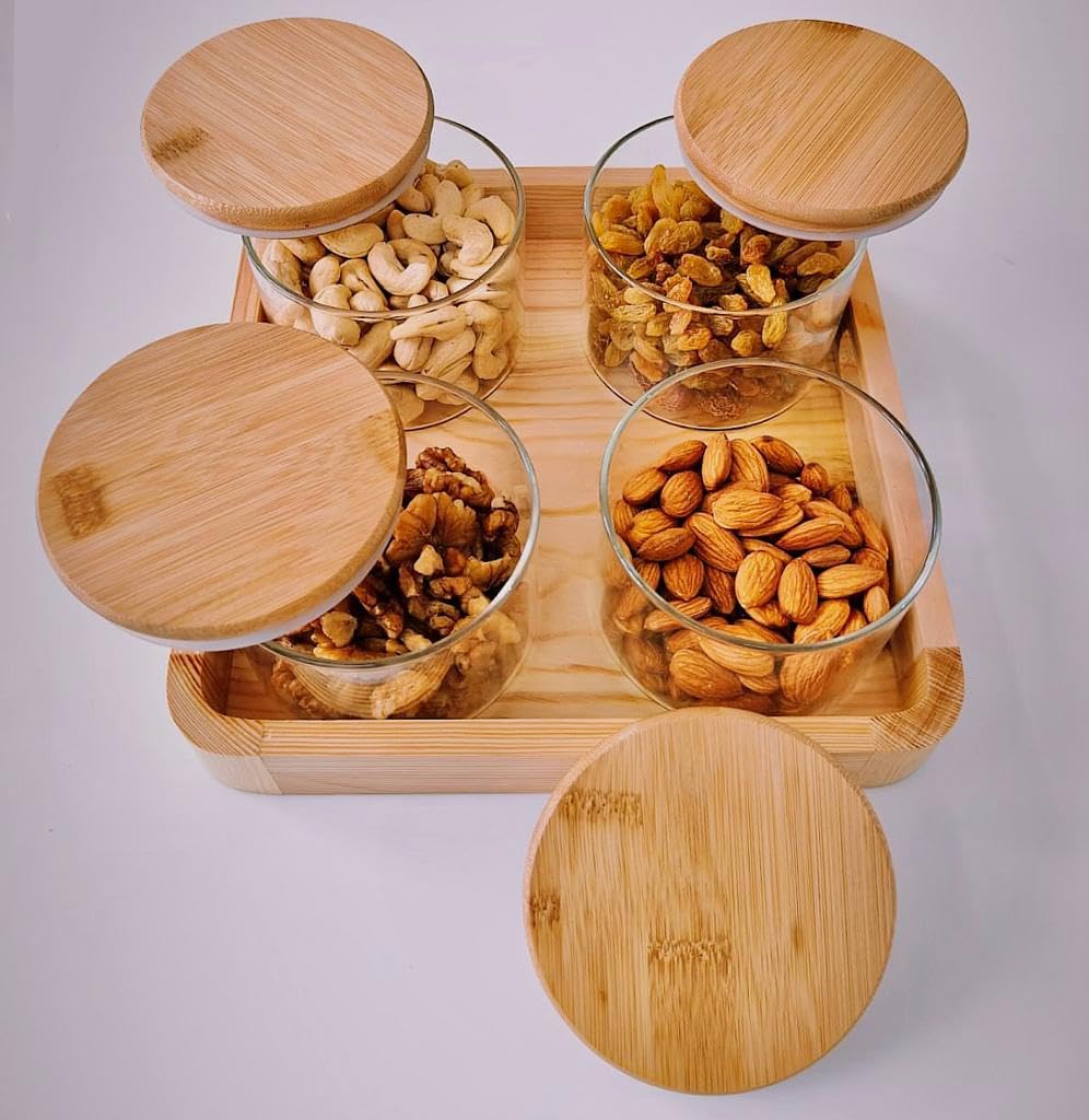 RAJ ROYAL Borosilicate Airtight Food Storage Jar Set of 4 with Wooden Lid And with Pinewood Tray Capacity 500 ML