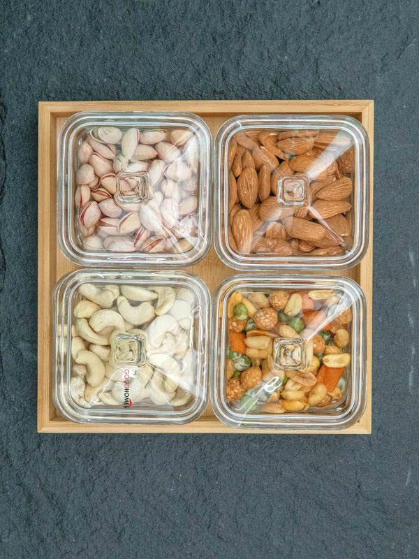 RAJ ROYAL Borosilicate Airtight Food Storage Jar Set of 4 with Pinewood Tray Capacity 300 ML