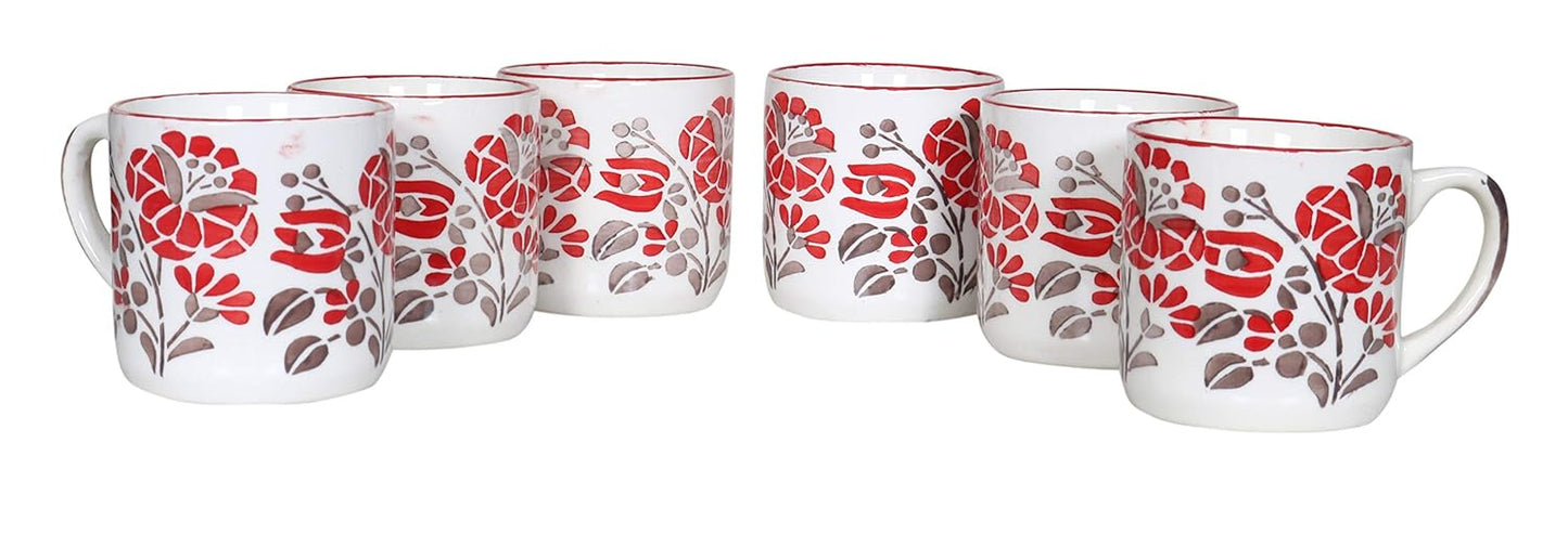 Raj Royal Ceramic Flower Printed Design Microwave safe Tea Cup/Coffee Mug Cup with Handle (Set of 6, Capacity - 300 ml)
