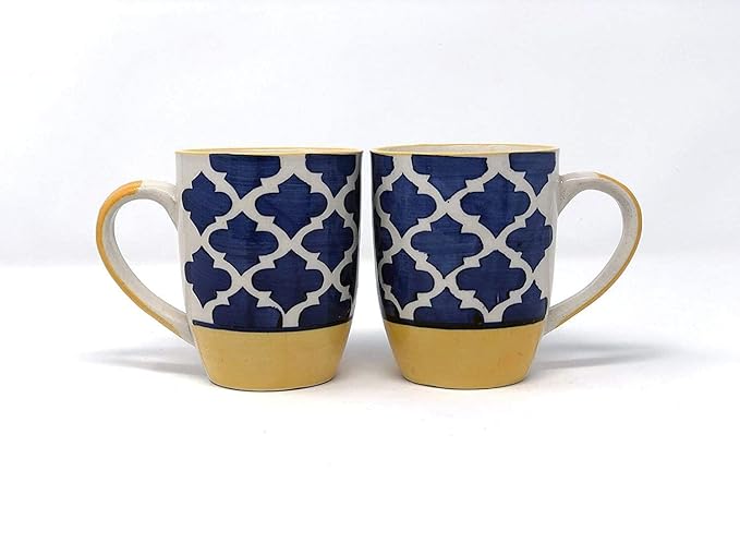 Raj Rayol Handcrafted Microwave Safe Pure Ceramic Coffee Mug/Tea Cup Set with Handle Set of 6 (Blue & Yellow)