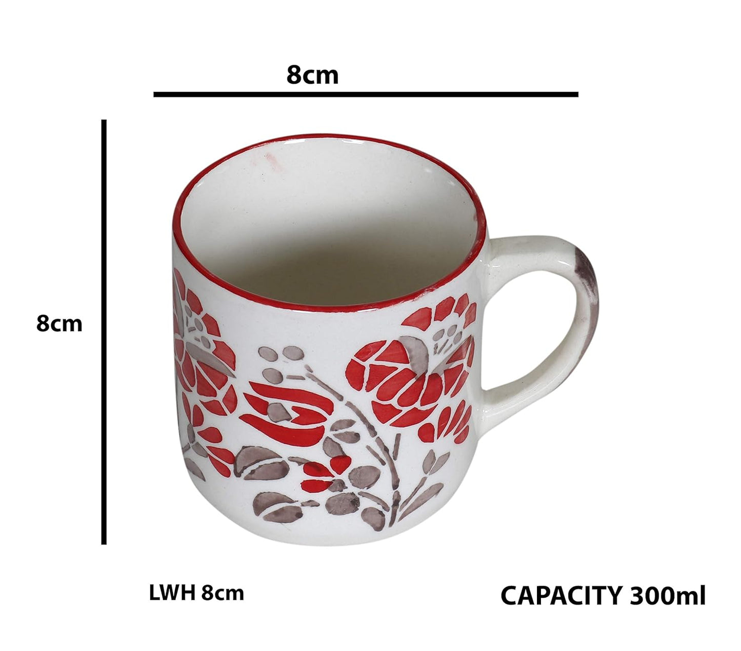 Raj Royal Ceramic Flower Printed Design Microwave safe Tea Cup/Coffee Mug Cup with Handle (Set of 6, Capacity - 300 ml)