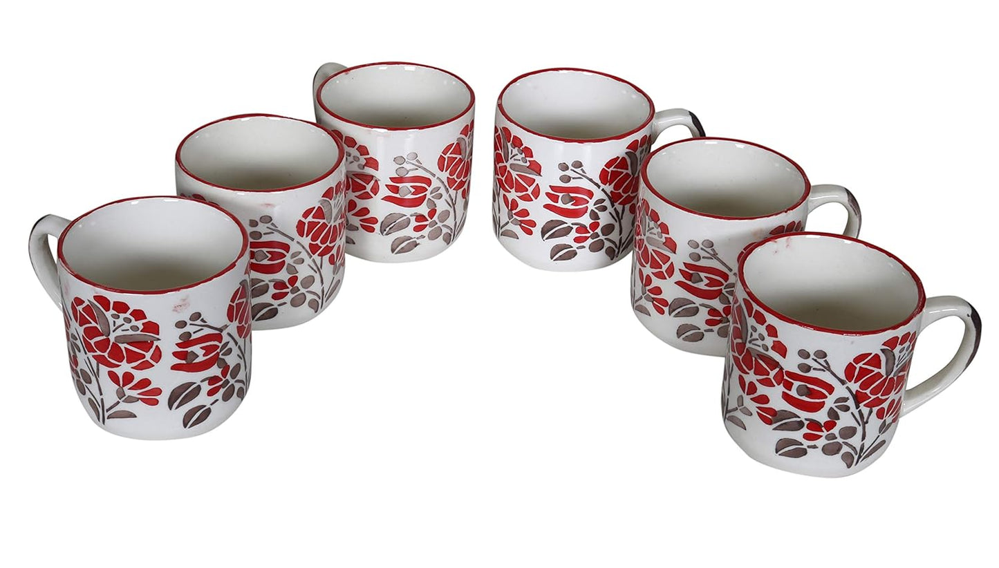 Raj Royal Ceramic Flower Printed Design Microwave safe Tea Cup/Coffee Mug Cup with Handle (Set of 6, Capacity - 300 ml)