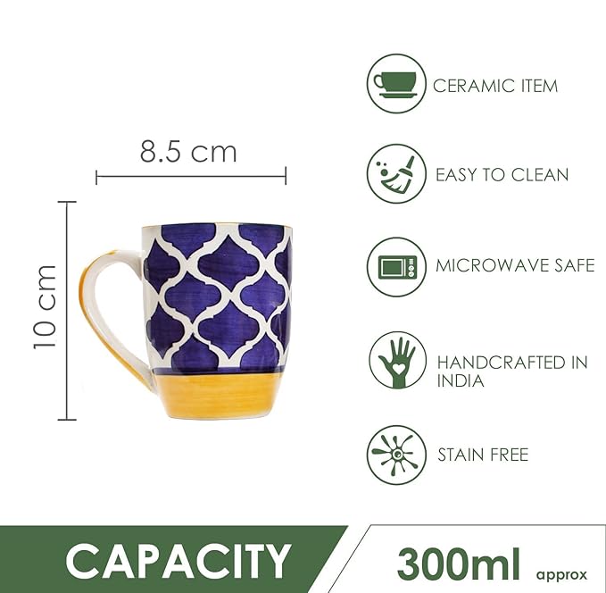 Raj Rayol Handcrafted Microwave Safe Pure Ceramic Coffee Mug/Tea Cup Set with Handle Set of 6 (Blue & Yellow)