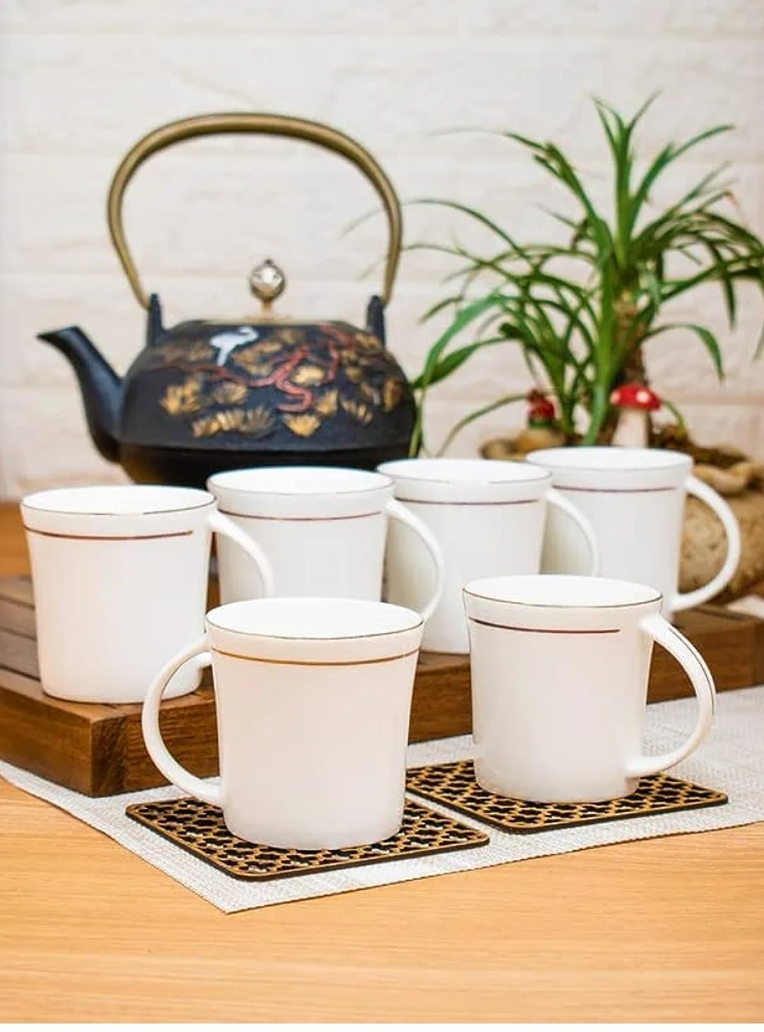 RAJ ROYAL Bone China Tea Coffee Cup Set Plain with Gold Line (Set of 6, 125 ML Each)